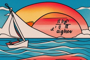 Sailboat in a Bottle at sunset with waves, and text: "it's a red sky night" "and I'm quite alright" tattoo idea