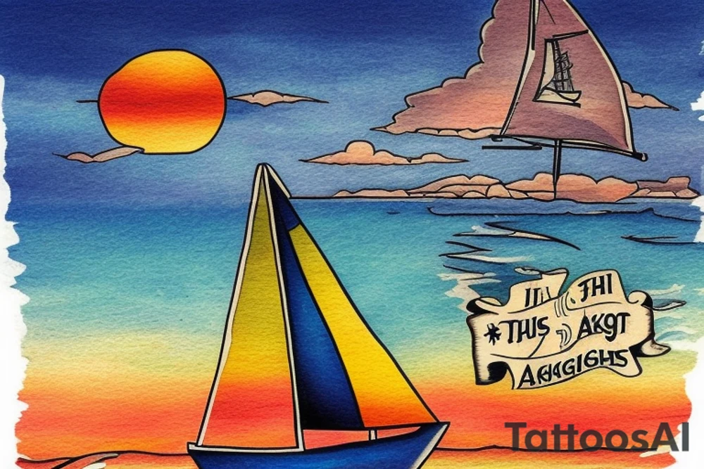 "Sailboat in a Bottle" at sunset with waves, and text: "it's a red sky night" "and I'm quite alright" tattoo idea