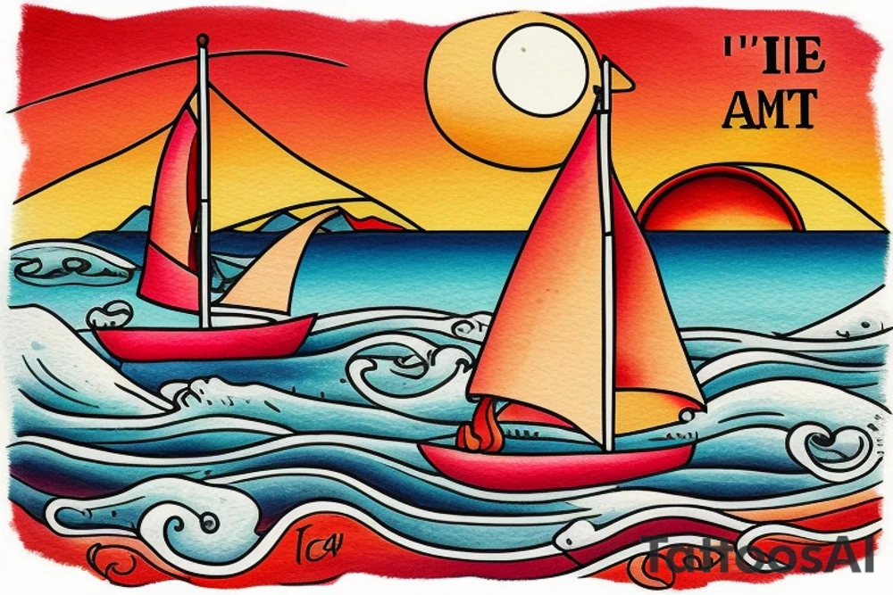 "Sailboat in a Bottle" at sunset with waves, and text: "it's a red sky night" "and I'm quite alright" tattoo idea