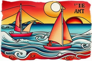 "Sailboat in a Bottle" at sunset with waves, and text: "it's a red sky night" "and I'm quite alright" tattoo idea