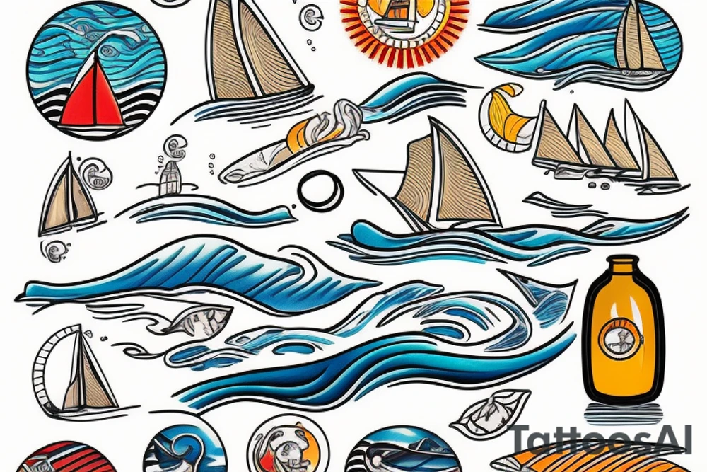 "Sailboat in a Bottle" at sunset with waves, and text tattoo idea