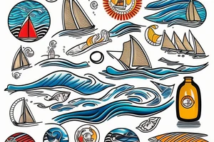 "Sailboat in a Bottle" at sunset with waves, and text tattoo idea