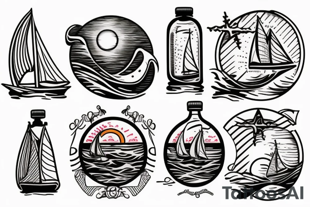"Sailboat in a Bottle" at sunset with waves, and text tattoo idea