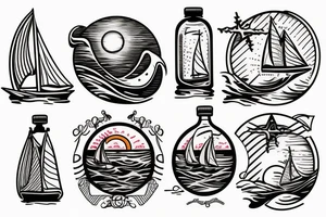 "Sailboat in a Bottle" at sunset with waves, and text tattoo idea