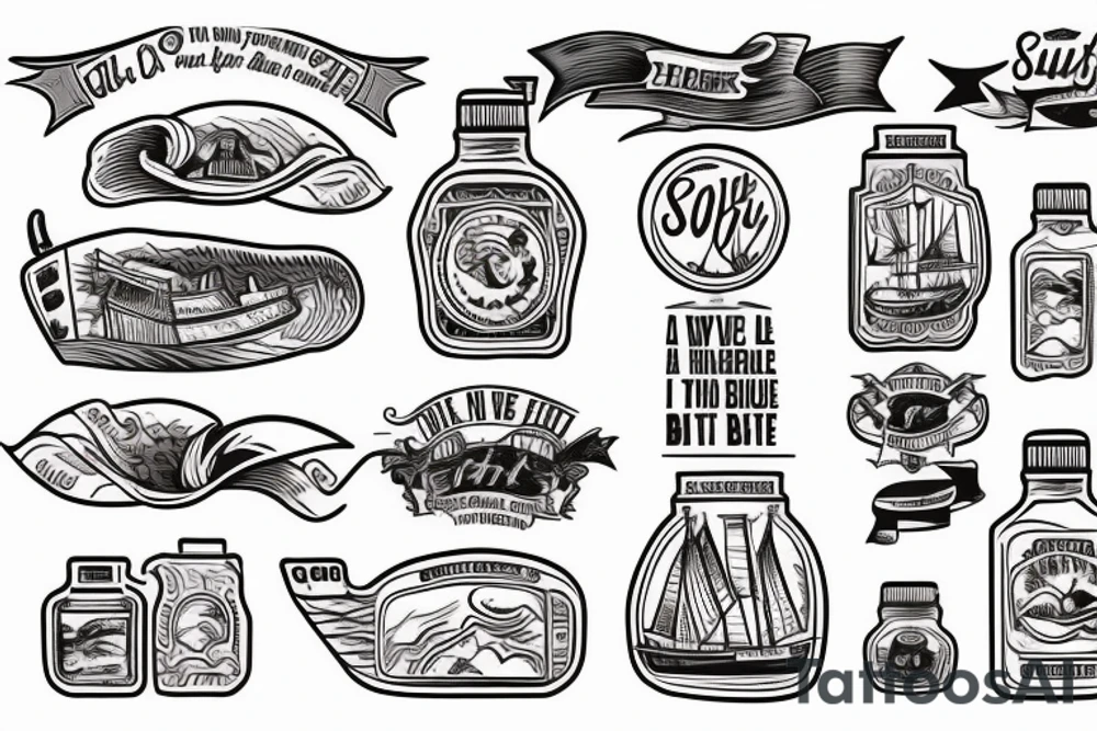 "Ship in a Bottle" at sunset with waves, and text tattoo idea