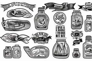 "Ship in a Bottle" at sunset with waves, and text tattoo idea