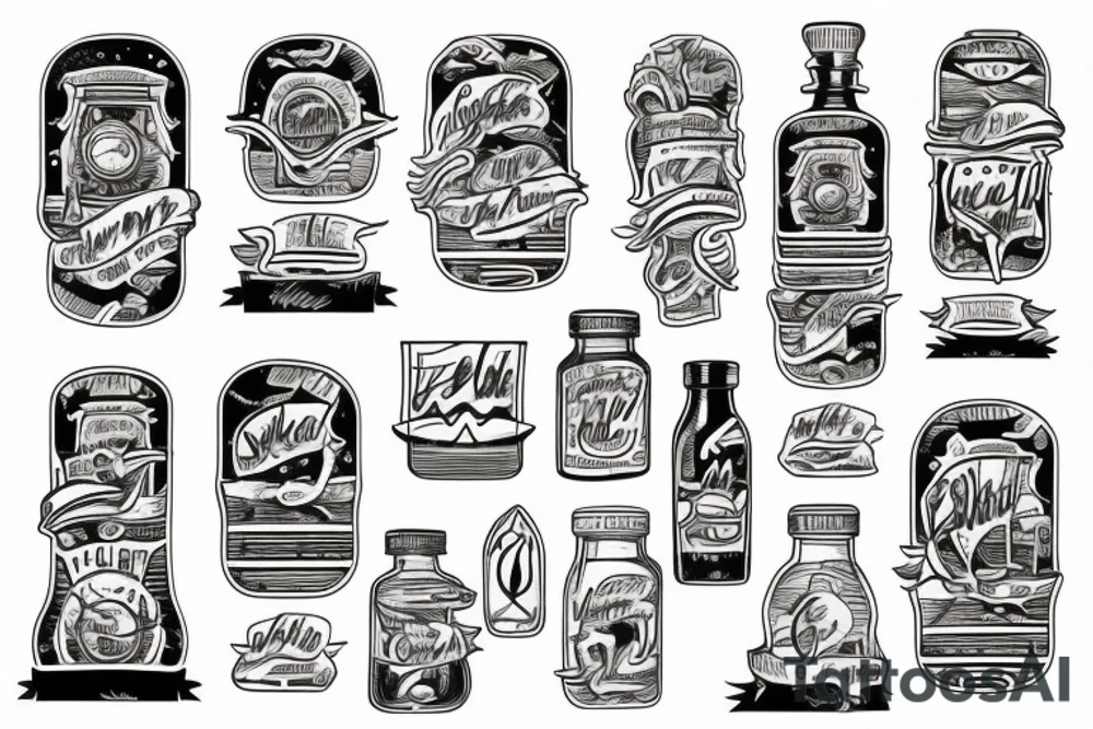 "Ship in a Bottle" at sunset with waves, and text tattoo idea