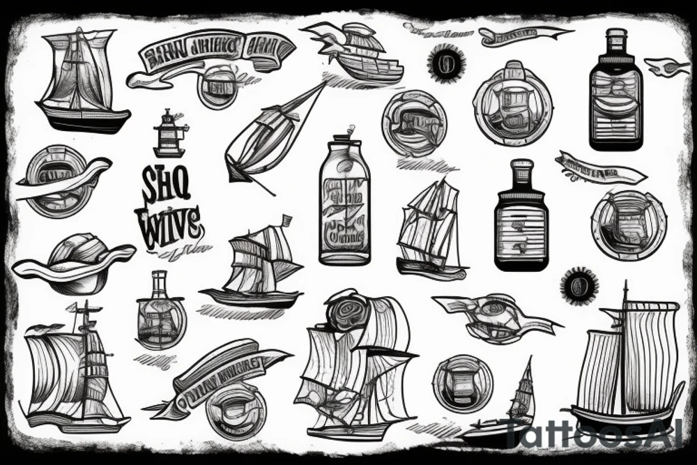 "Ship in a Bottle" at sunset with waves tattoo idea
