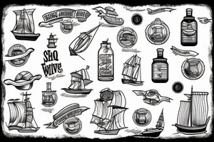 "Ship in a Bottle" at sunset with waves tattoo idea