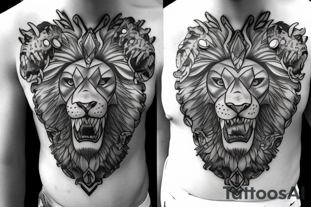 Chest and shoulder Pauldron with lion head on chest tattoo idea