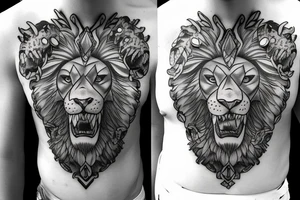 Chest and shoulder Pauldron with lion head on chest tattoo idea