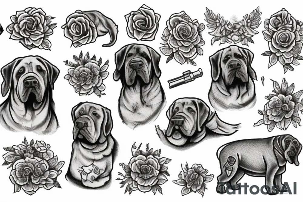 Mastiff with flowers tattoo idea