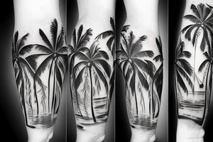 Beach themed tattoo with palm trees waves arm sleeve tattoo idea