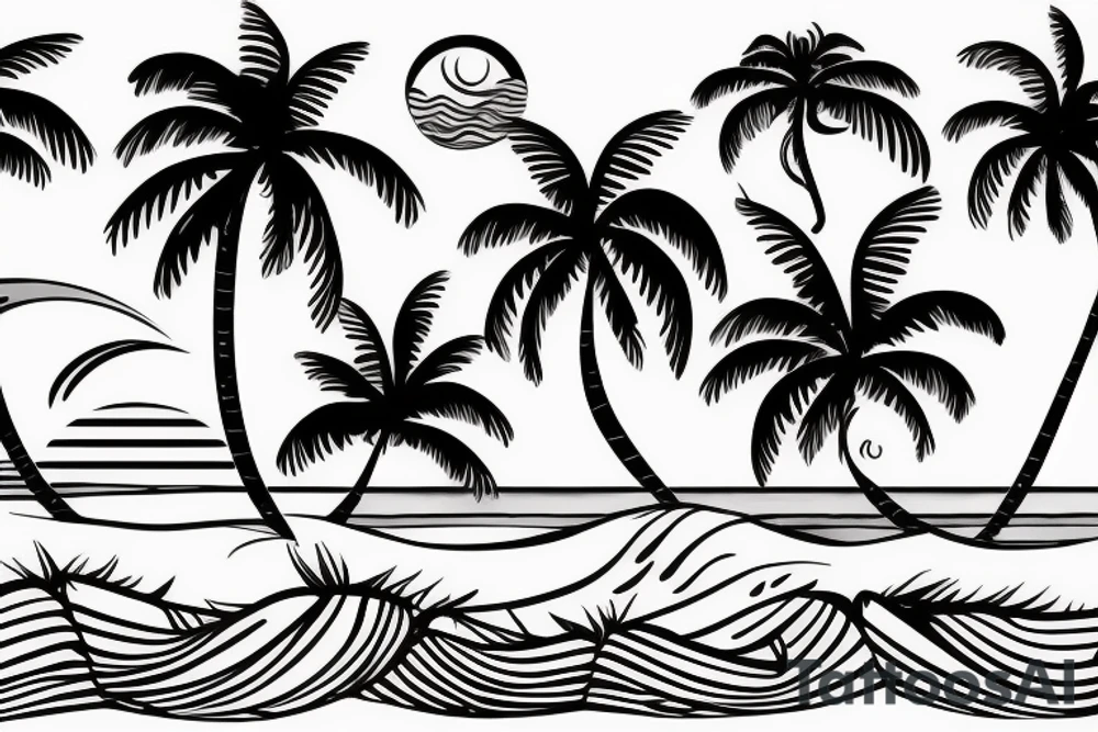 Beach tattoo with waves, sunset, and palm trees tattoo idea