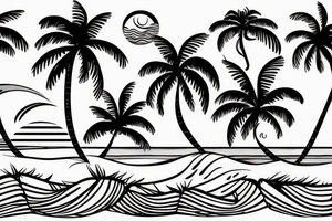 Beach tattoo with waves, sunset, and palm trees tattoo idea