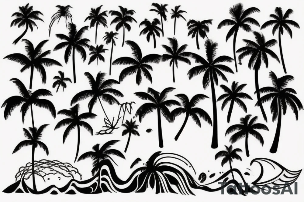 Beach tattoo with waves, sunset, and palm trees tattoo idea
