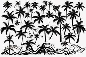 Beach tattoo with waves, sunset, and palm trees tattoo idea