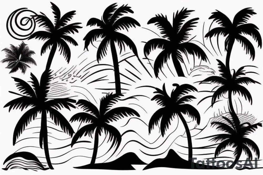 Beach tattoo with waves, sunset, and palm trees tattoo idea