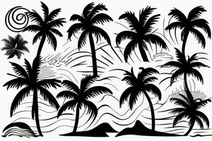 Beach tattoo with waves, sunset, and palm trees tattoo idea