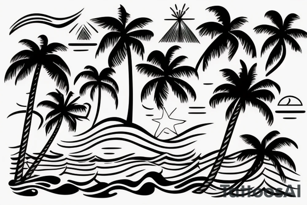 Beach tattoo with waves, sunset, and palm trees tattoo idea