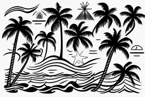 Beach tattoo with waves, sunset, and palm trees tattoo idea