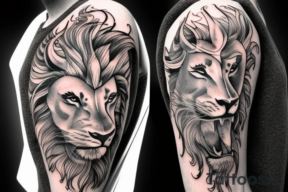 A lion in a battle with a centaur and a siren tattoo idea