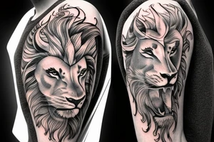 A lion in a battle with a centaur and a siren tattoo idea