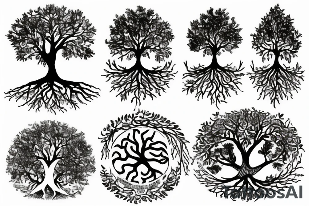 Tree of life with the map of Scotland in its roots and map of Australia in its branches tattoo idea