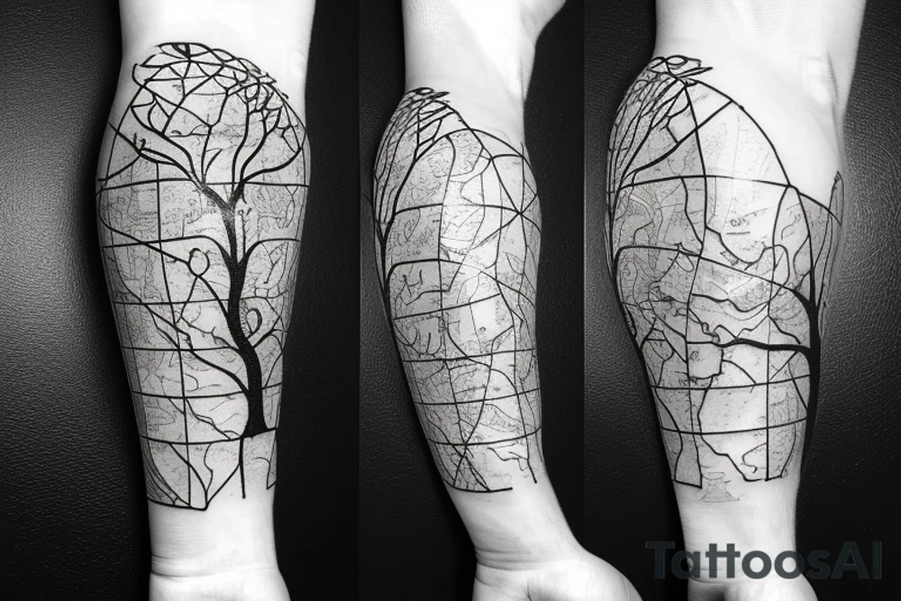Tree of life with the map of Scotland in its roots and map of Australia in its branches tattoo idea