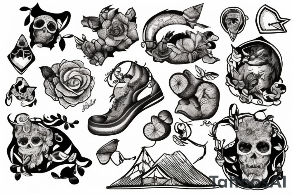 Berge mit See Bäumen und einer Hütte tattoo idea