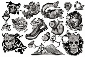 Berge mit See Bäumen und einer Hütte tattoo idea