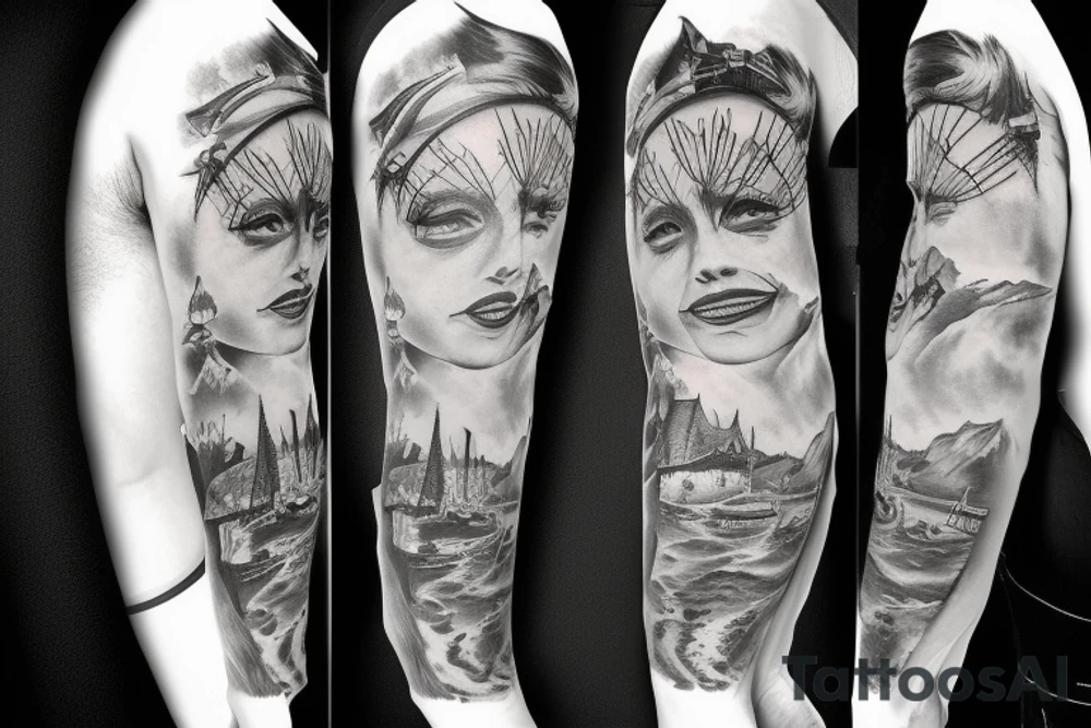 Berge see und Hütte am Rücken tattoo idea