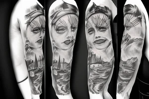 Berge see und Hütte am Rücken tattoo idea