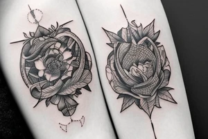Rückentattoo mit einer Berkette darunter ein See daneben eine Hütte mit Steg ins Wasser tattoo idea