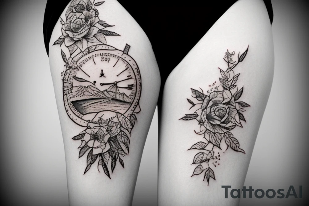 Rückentattoo mit einer Berkette darunter ein See daneben eine Hütte mit Steg ins Wasser tattoo idea