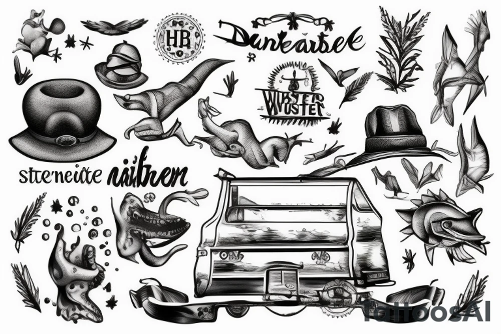 Berkette darunter ein See daneben eine Hütte mit Steg ins Wasser tattoo idea