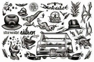 Berkette darunter ein See daneben eine Hütte mit Steg ins Wasser tattoo idea
