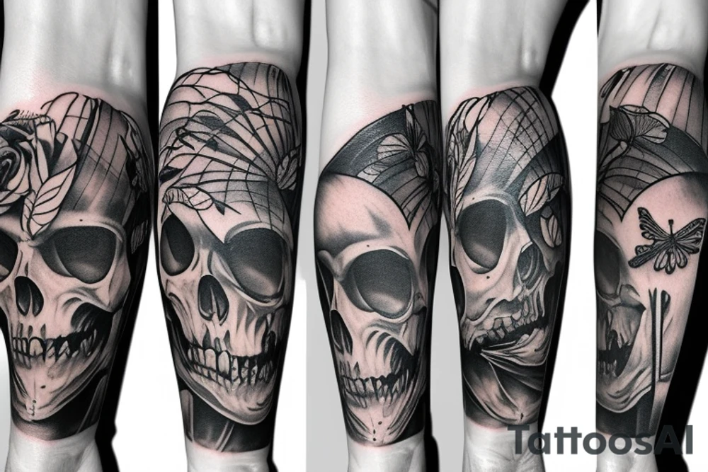 Travel nature skeleton thigh sleeve tattoo idea