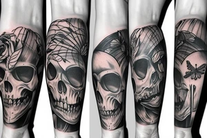 Travel nature skeleton thigh sleeve tattoo idea