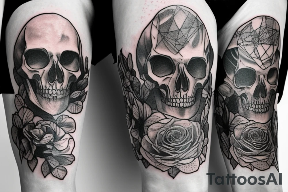 Travel nature skeleton thigh sleeve tattoo idea