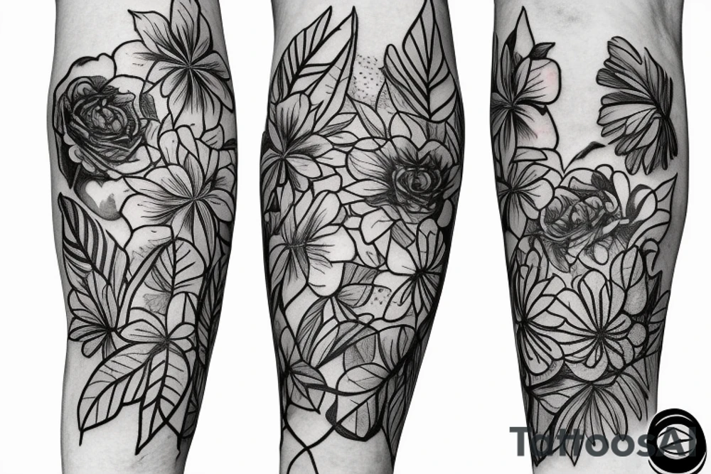 Plants skeleton traveling thigh sleeve tattoo idea