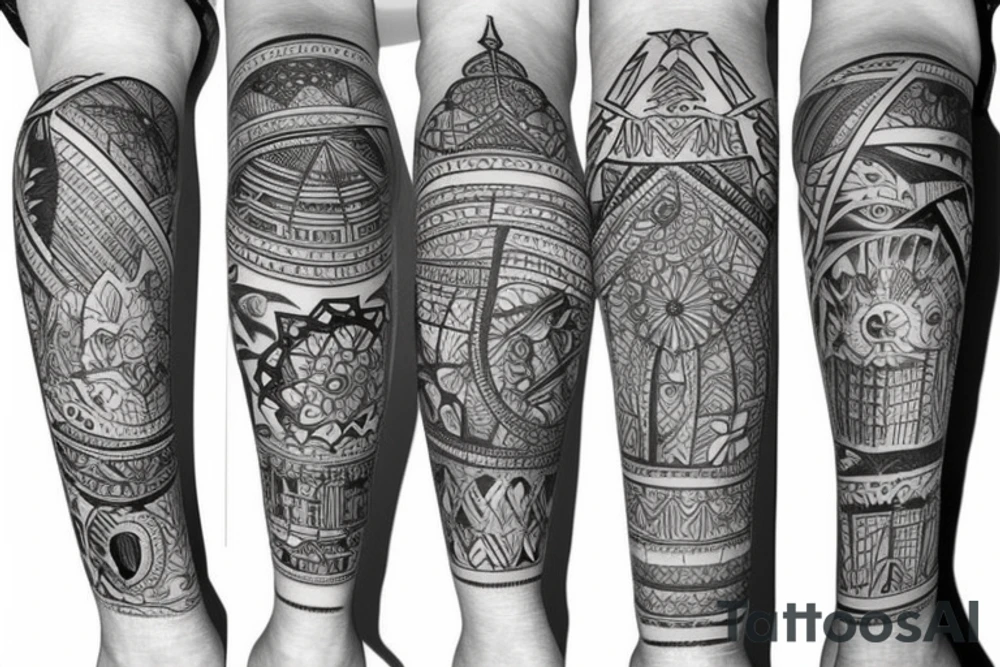 travel theme thigh sleeve tattoo idea
