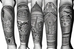 travel theme thigh sleeve tattoo idea