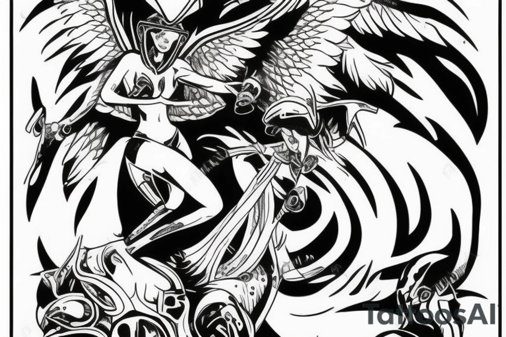 Angel in helmet defeating devil tattoo idea