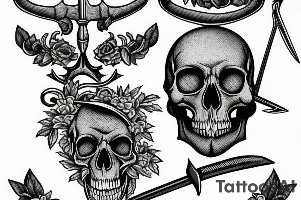 Sword and scales of Justice with intertwined vine piercing skull tattoo idea