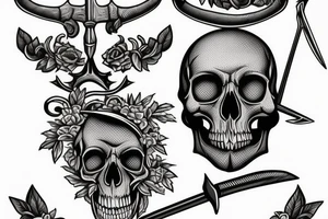 Sword and scales of Justice with intertwined vine piercing skull tattoo idea