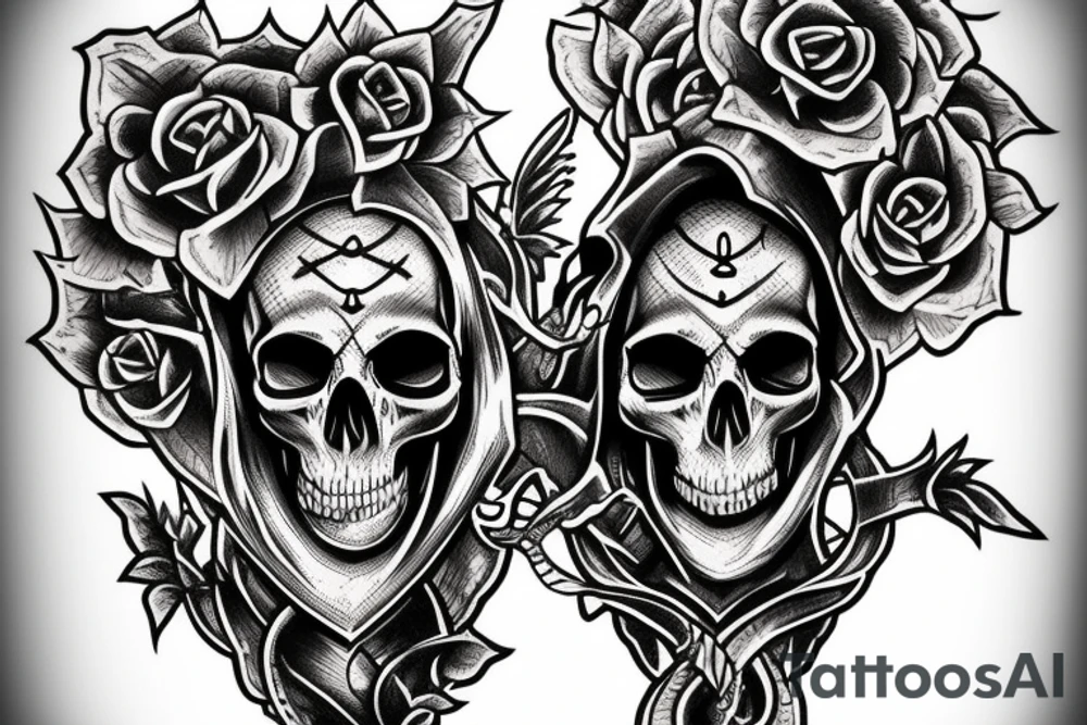 Sword and scales of Justice with intertwined vine piercing skull tattoo idea