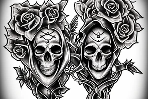 Sword and scales of Justice with intertwined vine piercing skull tattoo idea