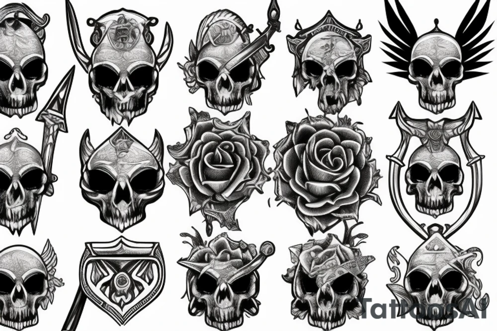 Sword and scales of Justice piercing skull tattoo idea