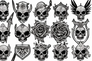 Sword and scales of Justice piercing skull tattoo idea